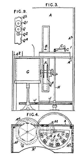 Tekening van het octrooi van de stemmachine uit 1897